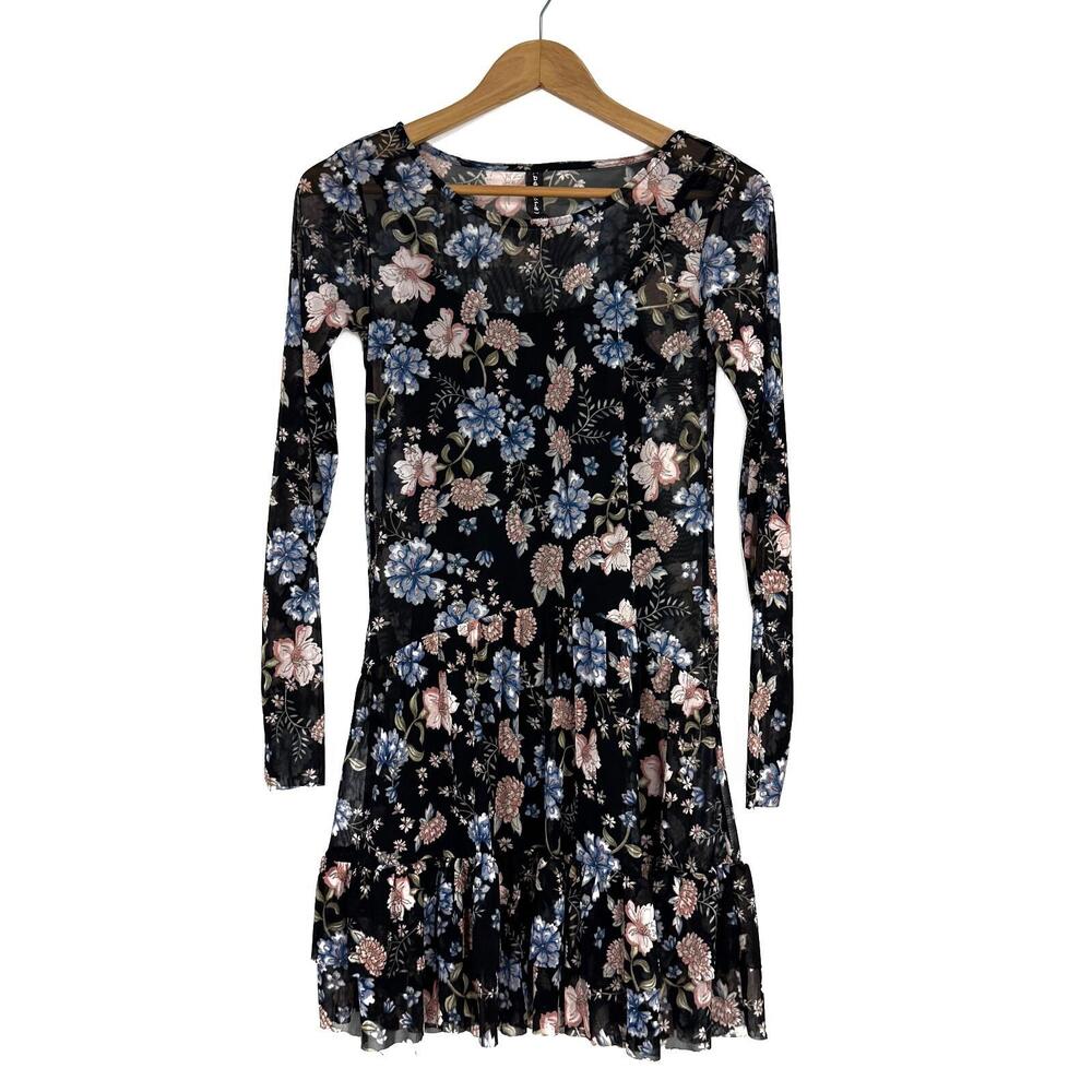 Banjara Women’s Size XS Black Floral Print Long Sleeve Ruffle Hem Mini Dress